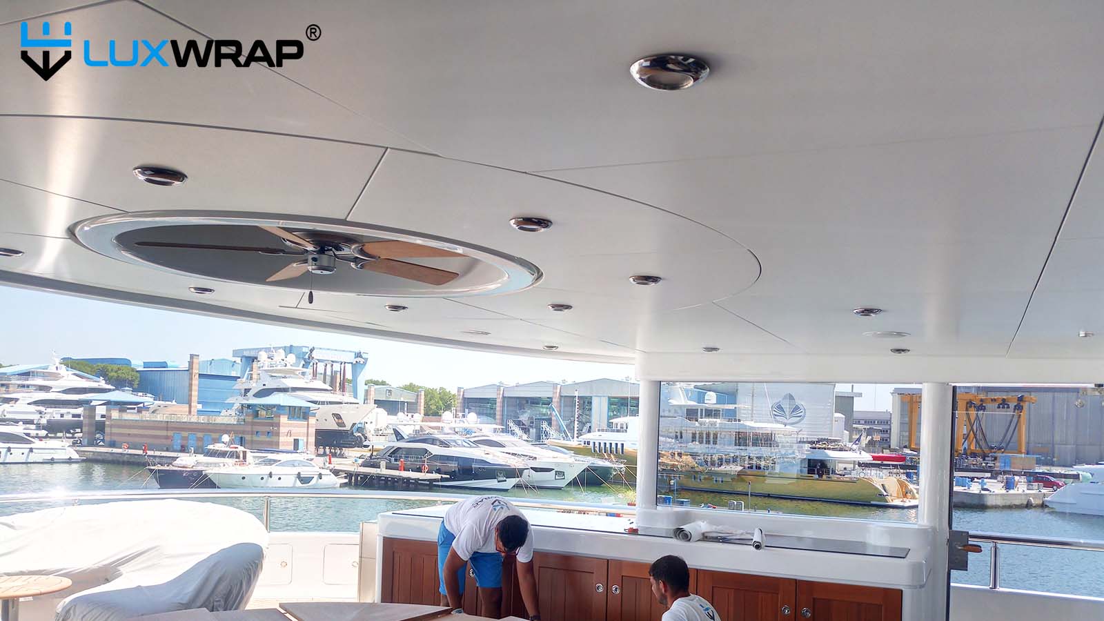 Finish options on wrapped yacht deckheads: matt, satin, gloss