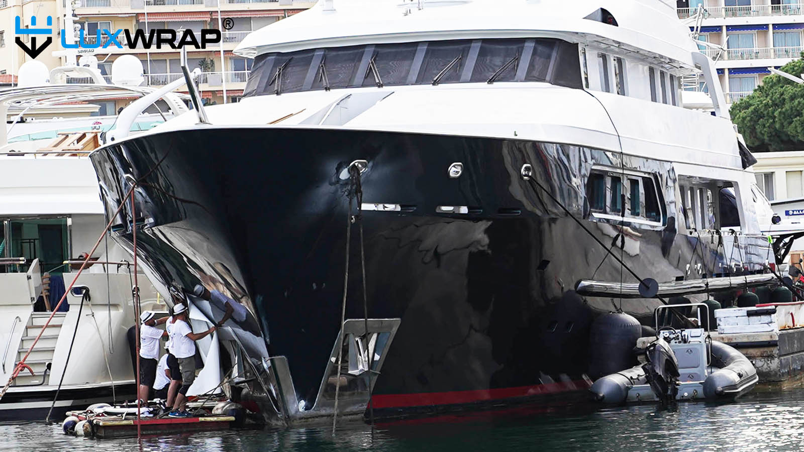 Crew access yacht bow from raft for hull wrapping