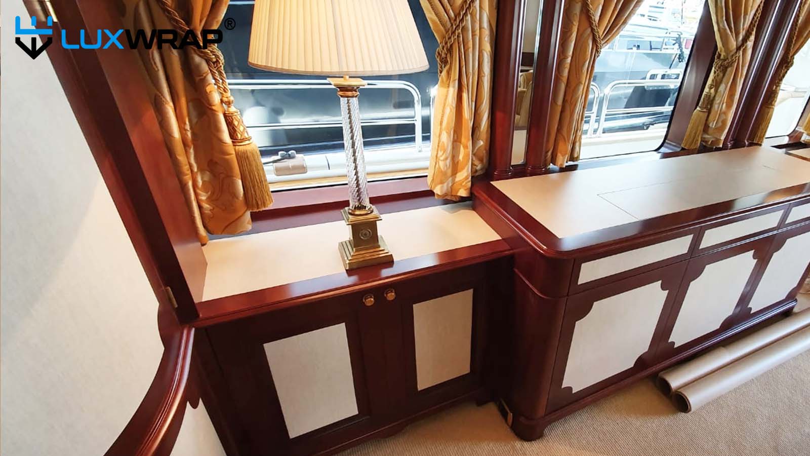 Partial wrap of yacht interior door faces and worktops.