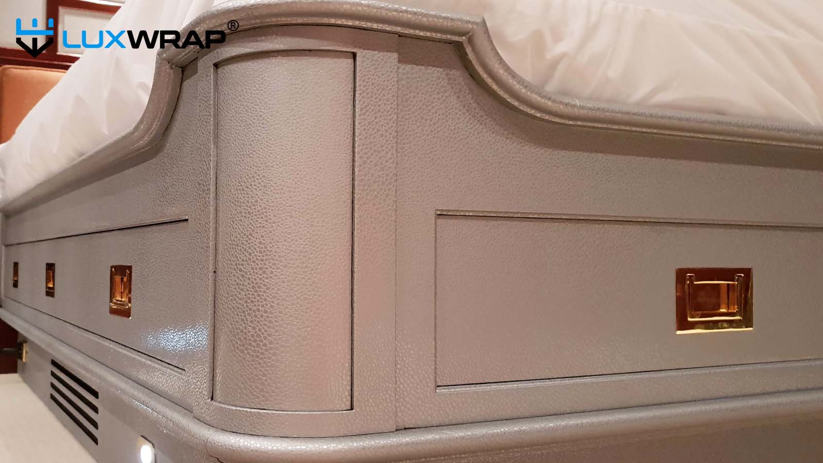 Yacht furniture fully wrapped with textured silver vinyl