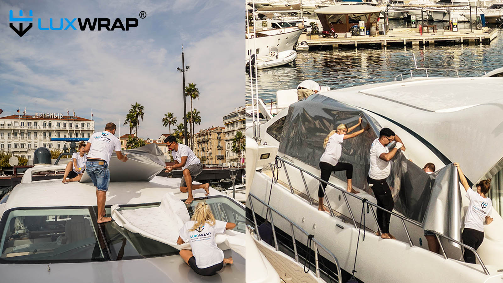 Harness access to wrap difficult to reach areas of yacht hull.