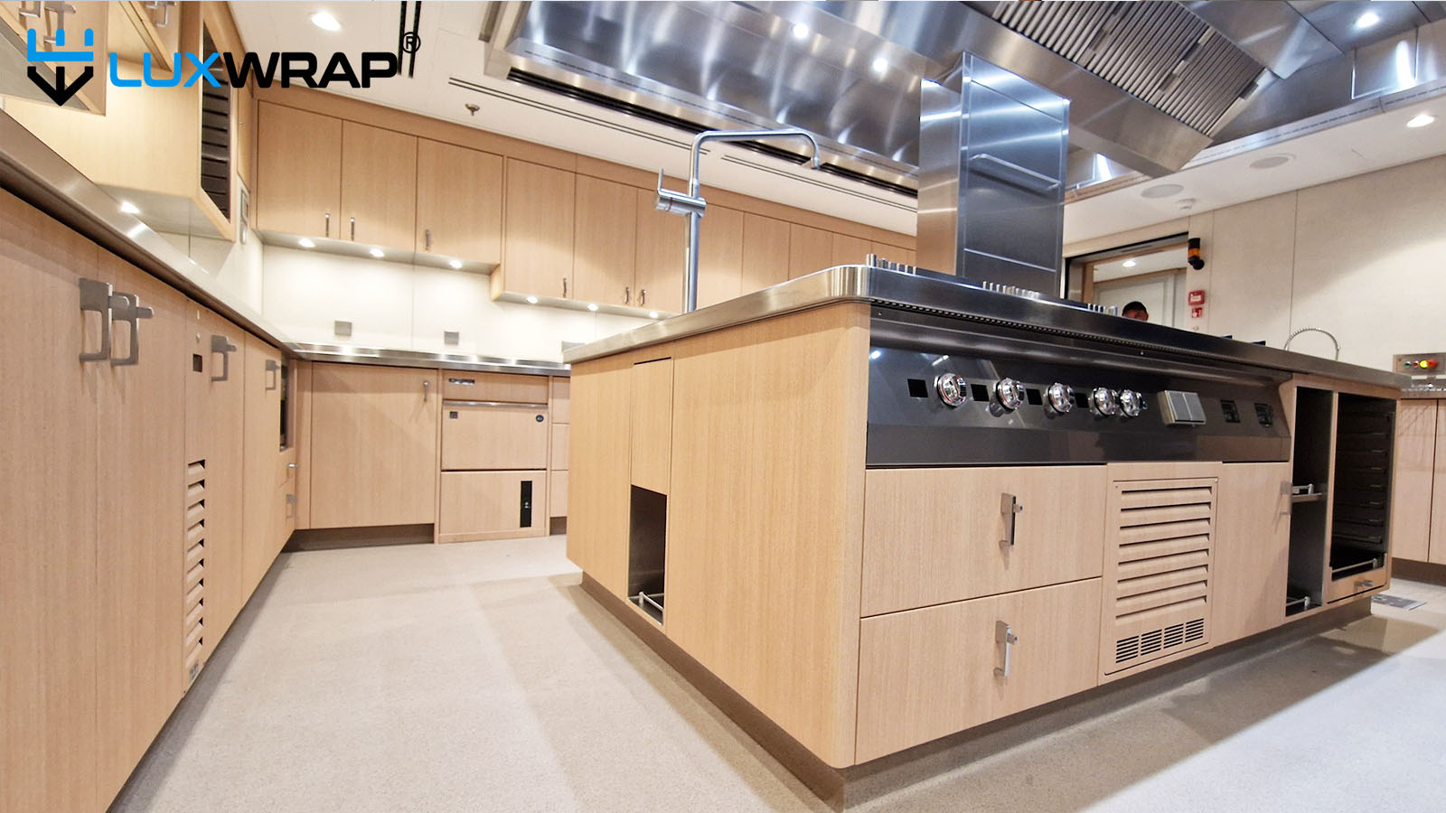 Yacht galley refit using wood grain architectural films