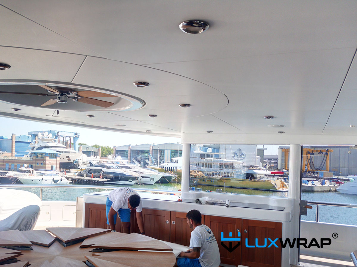 Wrapped superyacht deckheads showing finish options — matt, satin, and gloss all achievable with vinyl film
